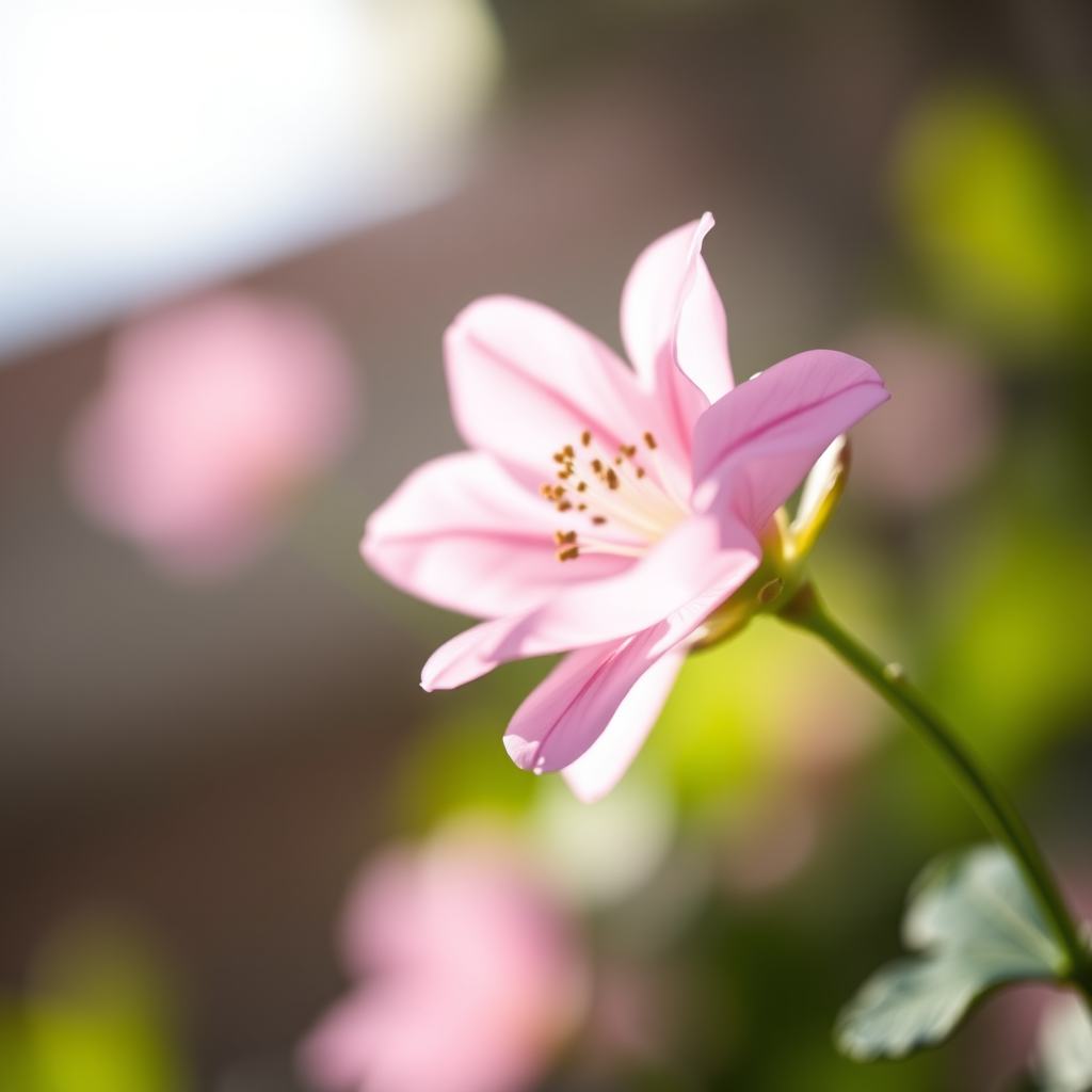 Capture a soft-focus image of a delicate pink flower with a smooth bokeh background, using a Canon 5D Mark IV, 85mm f/1.2 lens, aperture at f/1.8, shutter speed 1/200 sec, ISO 100, natural light, low angle view.