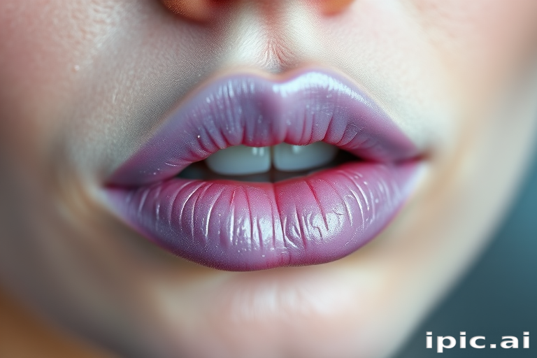 Frosted lilac lips with cool undertones, subtle metallic sheen, delicate and refined application, whimsical Lavender Frost Kiss aesthetic
