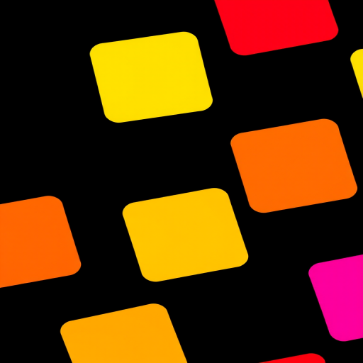 Create a seamless, vibrant color gradient featuring seven square shapes in yellow, red, green, blue, orange, and magenta on a black background, shot with a Canon EOS 5D Mark IV, 50mm lens, f/2.8 aperture, ISO 100, 1/200 sec exposure time, using a macro view for enhanced detail and clarity.