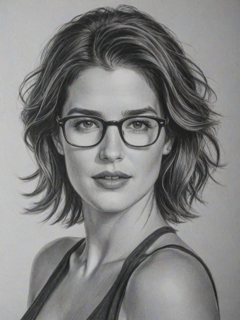 Ravishing Cobie Smulders, pencil sketch, portrait of Alluring woman 1975s in glasses, hair style beatnik, outline, clear lines, fine lines, 8k
