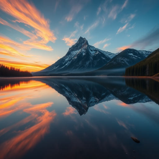 Generate a high-resolution image of a serene landscape featuring a large mountain reflection in a calm lake during sunset, with a 24mm lens, aperture f/8, shutter speed 1/125s, ISO 200, using a DSLR camera with a wide-angle view and vibrant color enhancement.