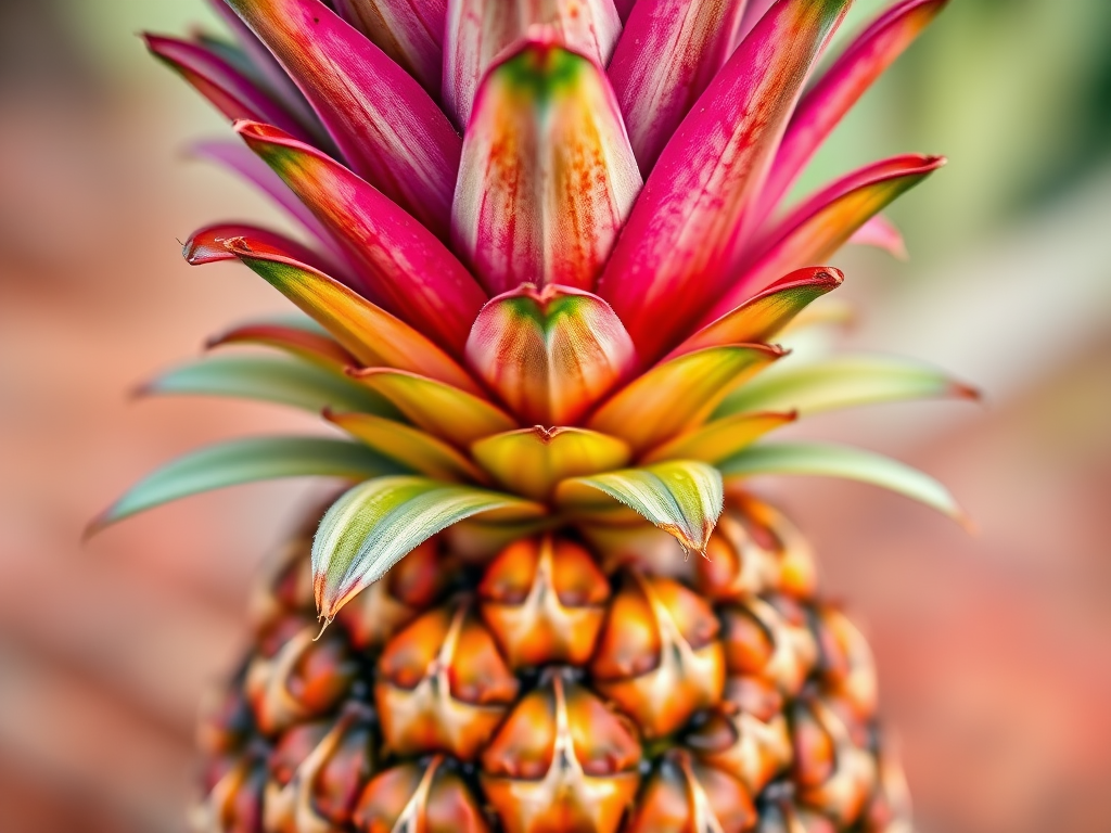 Create a high-resolution illustration of a pineapple with vibrant colors, focus on the texture of the leaves and the body, using a 50mm lens f/1.8, natural lighting, shot from a slightly elevated angle with a digital camera.