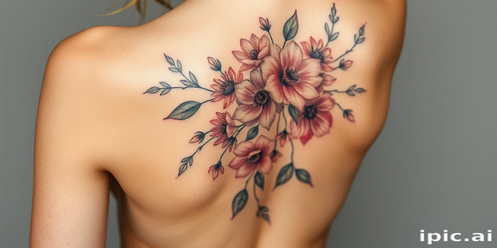 Delicate floral body tattoo cascading down the spine, featuring hyper-realistic botanicals in muted watercolor tones with touches of metallic silver