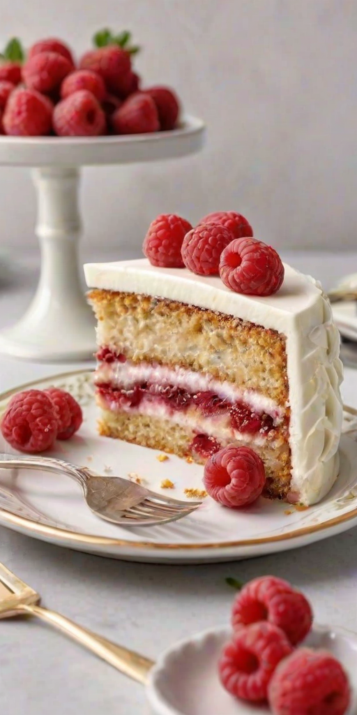 Generate an image of a slice of layered cake on a decorative plate. The cake has a white frosting with raspberry filling visible in the layers. Surrounding the cake slice are fresh raspberries, and a golden fork rests beside it. In the background, there is a whole cake that has a smooth finish and is garnished with raspberries on top. The setting is bright and inviting, emphasizing the dessert.