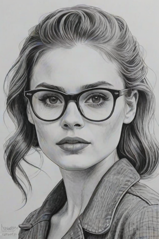 Dazzling Holland Roden, pencil sketch, portrait of Radiant woman 1937s in glasses, hair style beatnik, outline, clear lines, fine lines, 8k