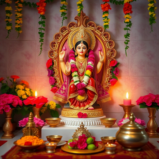 Create an image of a beautifully decorated deity altar featuring a statue of Goddess Lakshmi, surrounded by vibrant flowers and traditional offerings, captured with a DSLR camera at f/2.8 aperture, ISO 100, 1/60 shutter speed, in natural light, from a slightly elevated angle for enhanced depth.