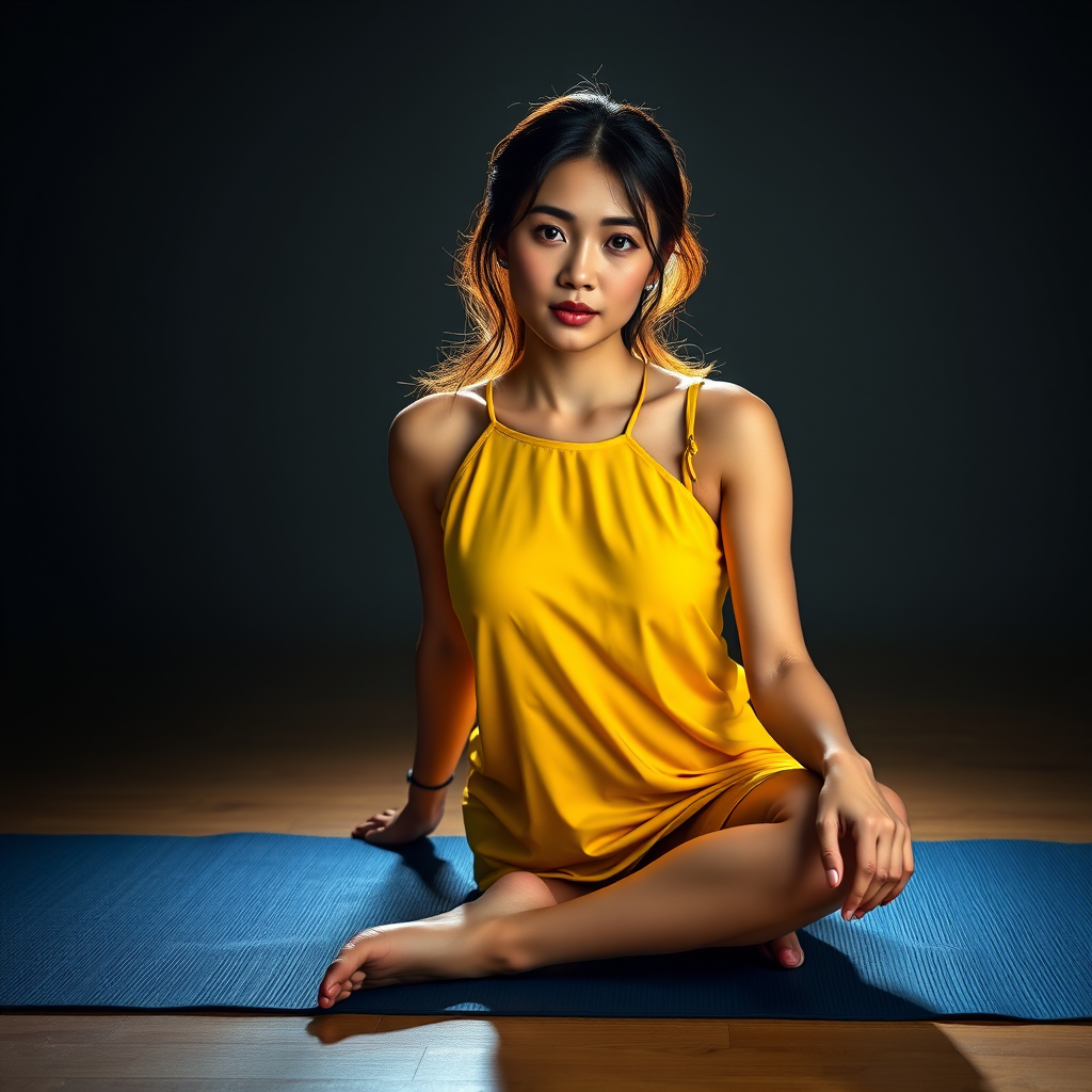 Resplendent photo of woman:Chinese:0.4, highlight hair, wearing Banana dress, sitting on Yoga mat, rim lighting, studio lighting, looking at the camera, dslr, ultra quality, sharp focus, tack sharp, dof, film grain, Fujifilm XT3, crystal clear, 8K UHD, highly detailed glossy eyes, high detailed skin, skin pores