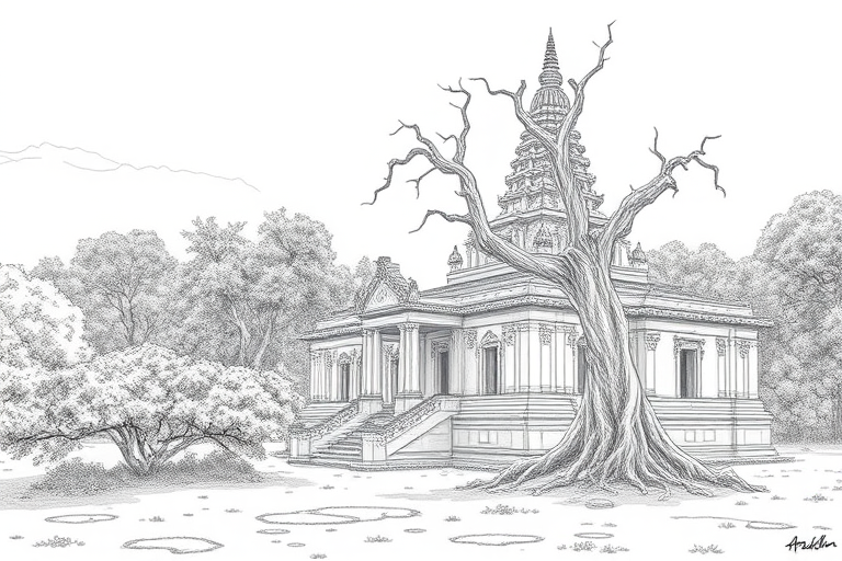 create a detailed line art drawing of a tranquil scene featuring an ancient temple partially obscured by lush foliage and a gnarled tree, capturing intricate details, taken with a Canon EOS 5D Mark IV, 50mm lens, aperture f/8, ISO 100, natural lighting, high dynamic range for enhanced clarity and depth
