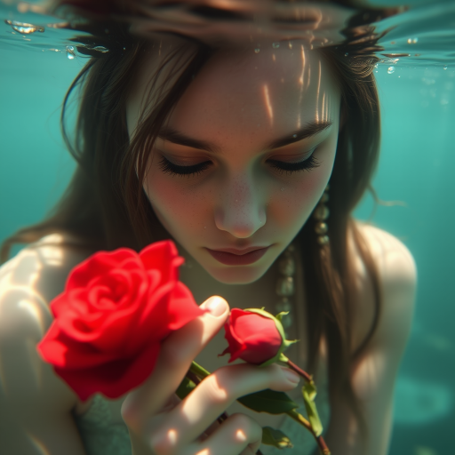 A woman underwater, gazing at a rose Her face is reflected in the water's surface The scene is illuminated by sunlight filtering through the water The atmosphere is serene and contemplative