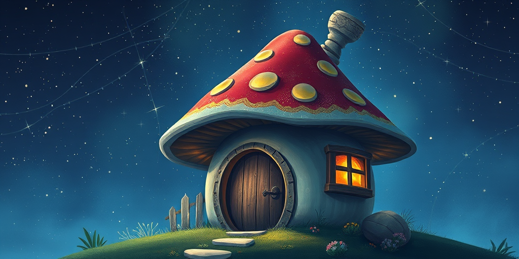 generate illustration of a mushroom house with a door and a window, a storybook , fantasy art, mushroom house, bg starry sky, sparkles