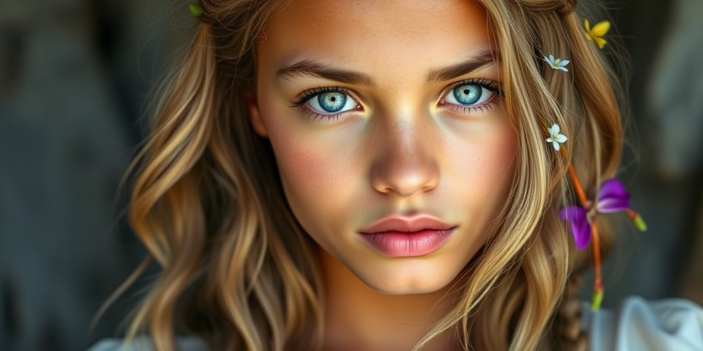 Create an image of a young Garifuna woman with long, wavy blonde hair, adorned with small, colorful flowers woven into her braids and loose strands. Her complexion is fair, with soft, glowing skin, and she has light blue eyes that gaze softly at the viewer. She wears a light, flowing dress with a gentle, ethereal quality, complementing her delicate and serene appearance. The background is slightly blurred, drawing focus to her tranquil expression and the intricate details of the flowers in her hair. The overall mood of the image is one of natural beauty and grace, evoking a sense of peacefulness and connection with nature.