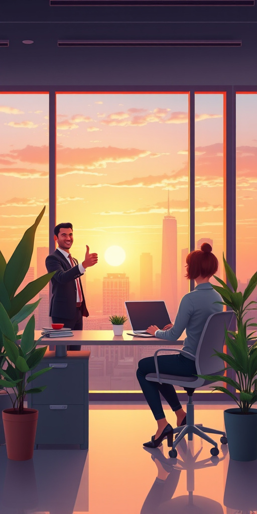 create a digital illustration of a modern office interior with a view of a city skyline at sunset, featuring a man in business attire giving a thumbs up to a woman seated at a desk, with plants and decorative elements around, using soft lighting for a warm atmosphere, shot with a 50mm lens, f/2.8 aperture, ISO 100, and soft focus background for depth.