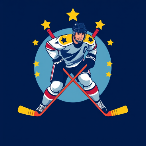 Create a digital illustration of a hockey player in action, with crossed hockey sticks and stars in the background, using a wide-angle lens at f/4.0, ISO 200, and a resolution of 300 DPI for enhanced clarity, in a flat design style with bold colors and minimalistic details.