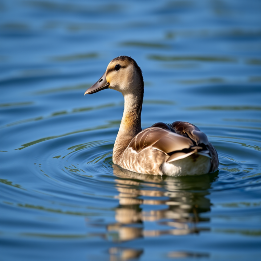A female duck swimming in calm blue water, shot with a DSLR camera at f/4 aperture, ISO 200, 1/250 sec shutter speed, 85mm lens, shallow depth of field, sunny day lighting, close-up view.