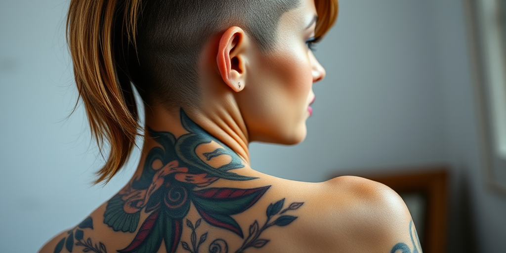 portrait of a tattooed woman with a shaved side hairstyle, showing intricate tattoos on her back, soft natural lighting, focus on details, f/1.8 aperture, 85mm lens, ISO 100, shot with a DSLR camera from a slightly elevated angle to capture the full tattoo details