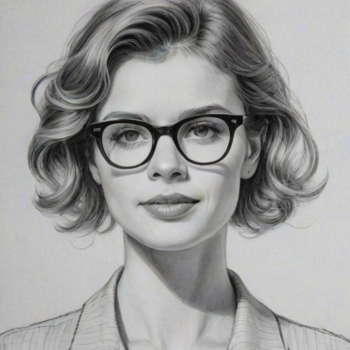 Graceful Katja Herbers, pencil sketch, portrait of Delightful woman 1938s in glasses, hair style beatnik, outline, clear lines, fine lines, 8k