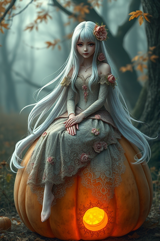 Create a high-resolution fantasy illustration of a character with long white hair, wearing an intricately designed dress adorned with flowers, sitting on a large pumpkin with a warm glow, in a mystical autumn setting, using a Canon EOS R5, 50mm f/1.2 lens, aperture set to f/1.8, ISO 200, and soft diffused lighting for enhanced depth and detail.