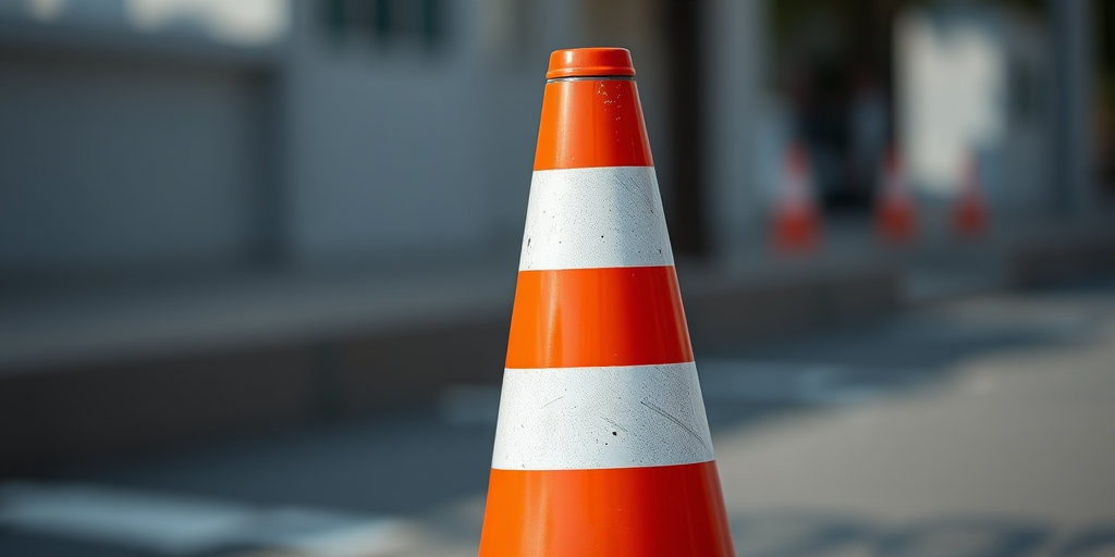 Create a high-resolution image of a traffic cone with vibrant orange and white stripes, using a Canon EOS R5 camera, 50mm lens, f/1.8 aperture, ISO 100, taken from a slightly low angle with a shallow depth of field to enhance the background blur and focus on the cone.