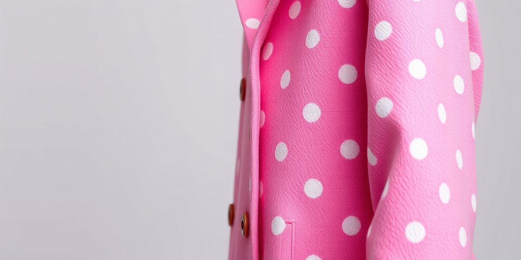 Create a high-resolution illustration of a pink coat with polka dots, using a Canon EOS R5, 50mm lens, f/2.8 aperture, ISO 100, and a soft diffused lighting setup to enhance texture and color vibrancy.