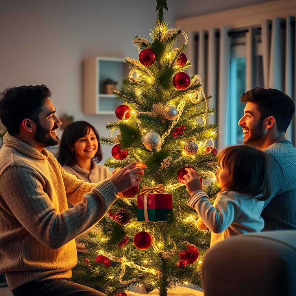 Joyful Family Decorating a Christmas Tree Together in a Cozy Home