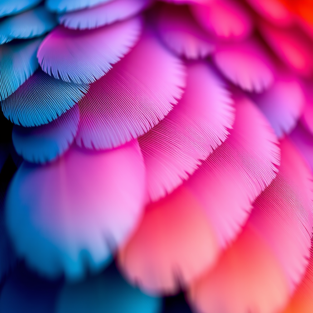 vibrant feathers in gradient shades of blue, pink, and orange, macro lens, f/2.8 aperture, shutter speed 1/125s, ISO 100, soft natural lighting, high resolution, close-up shot with a shallow depth of field