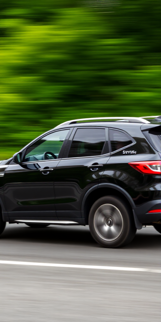 Capture a dynamic side view of a black SUV in motion on a blurred road, using a fast shutter speed of 1/1000s, aperture of f/4, ISO 200, at a focal length of 50mm, utilizing a DSLR camera with a panning technique to emphasize speed against a lush green background.