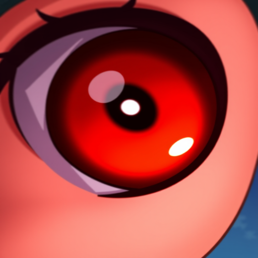 Create a high-resolution animation of stylized cartoon eyes with dark red irises and glossy highlights, using a DSLR camera at f/1.8 aperture, ISO 100, 50mm lens, overhead view, soft lighting, and vibrant colors to enhance the overall quality.