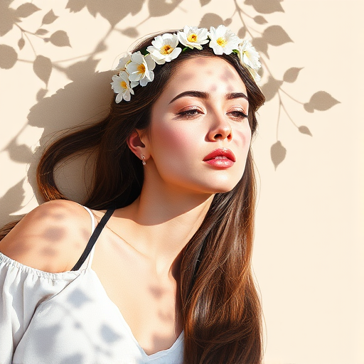 create a watercolor painting of an ethereal portrait of beautiful Tajik woman with a simple white flower crown on her head. Her hair is long and she is lying on the ground. The sunlight on the trees casts shadows from the leaves on her face and body. The background is a neutral brown color that matches her skin tone. The image is minimalist and solid colors. This style is characterized by soft, delicate brushstrokes and a light, airy, contrasting color palette. High level of detail and play of light