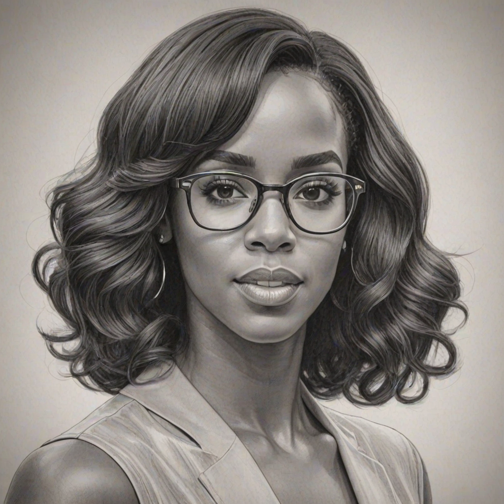 Dazzling Kelly Rowland, pencil sketch, portrait of Graceful woman 1965s in glasses, hair style beatnik, outline, clear lines, fine lines, 8k