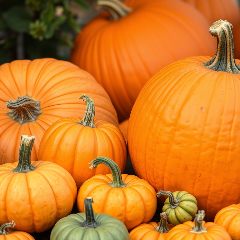 Generate an image of a variety of pumpkins, including large orange pumpkins, smaller orange and green pumpkins, using a Canon EOS R5 camera, 50mm lens, f/2.8 aperture, 1/100s shutter speed, soft natural lighting, and a clear focus to enhance vibrant colors and details.