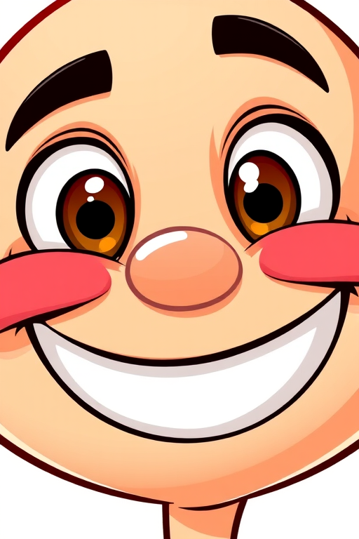 Create a high-resolution digital illustration of a smiling cartoon face featuring large expressive eyes and a wide grin, use a 50mm lens at f/4, with an upbeat color palette, shot with a digital camera in a close-up view for clarity and detail.