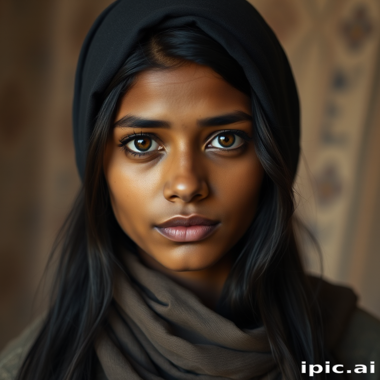 Create a portrait of a young Sri Lankan woman with long, dark hair and captivating hazel eyes. She is wearing a dark headscarf and a matching scarf draped gracefully around her neck. The background is softly blurred, focusing attention on her serene and natural expression. The overall color palette is muted and warm, enhancing the intimate and authentic feel of the portrait.