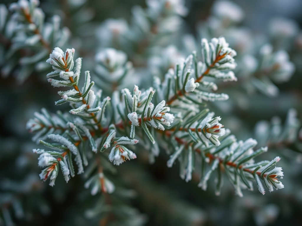 Capture a close-up view of frosted evergreen branches with shallow depth of field, using a DSLR camera at f/2.8 aperture, ISO 100, and 50mm lens, in soft natural light for enhanced texture and detail.