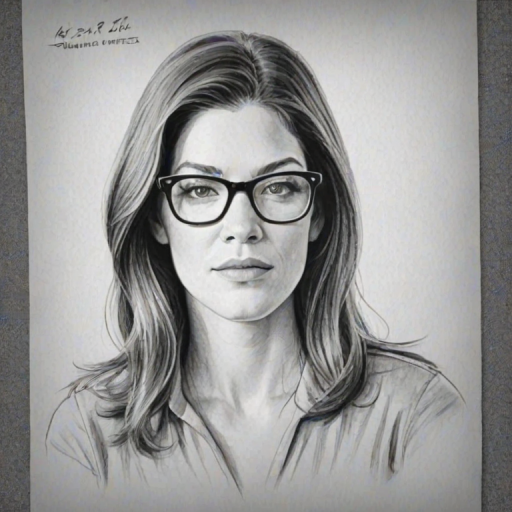 Graceful Jennifer Carpenter, pencil sketch, portrait of Beauteous woman 1955s in glasses, hair style beatnik, outline, clear lines, fine lines, 8k