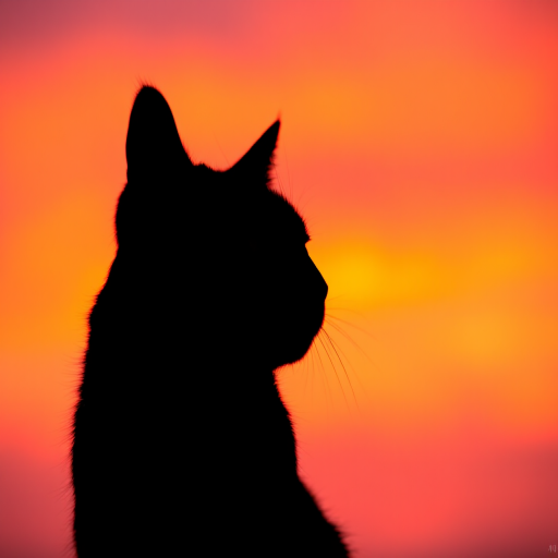 Create an image of a sleek black silhouette of a cat against a vibrant sunset background, capturing the warm hues of orange, pink, and purple with a DSLR camera, aperture f/2.8, ISO 200, shutter speed 1/200s, using a wide-angle lens for an expansive view.