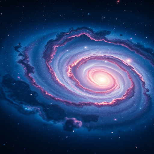create a high-resolution image of a swirling galaxy with vibrant blues and pinks, shot with a Canon EOS R5 at f/2.8, 24mm, ISO 800, using a wide-angle lens, in a deep space environment with a focus on swirling cosmic details and starry background.
