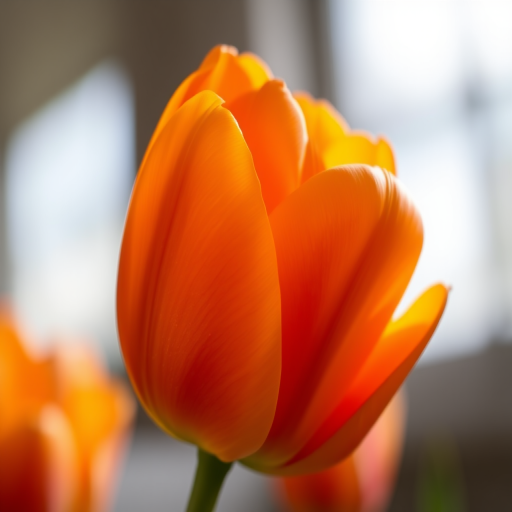 Close-up of an orange tulip with soft petals against a blurred background, natural lighting, aperture f/2.8, ISO 100, shutter speed 1/200, macro lens, DSLR camera, vivid colors and high contrast.