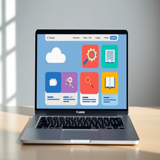 Create a high-resolution image of a modern laptop displaying a colorful web design layout with icons representing cloud storage, search magnifying glass, gears, coding, and a book in a flat design style, using a Canon EOS 5D Mark IV camera, f/8 aperture, 50mm lens, and soft natural lighting from the left side.