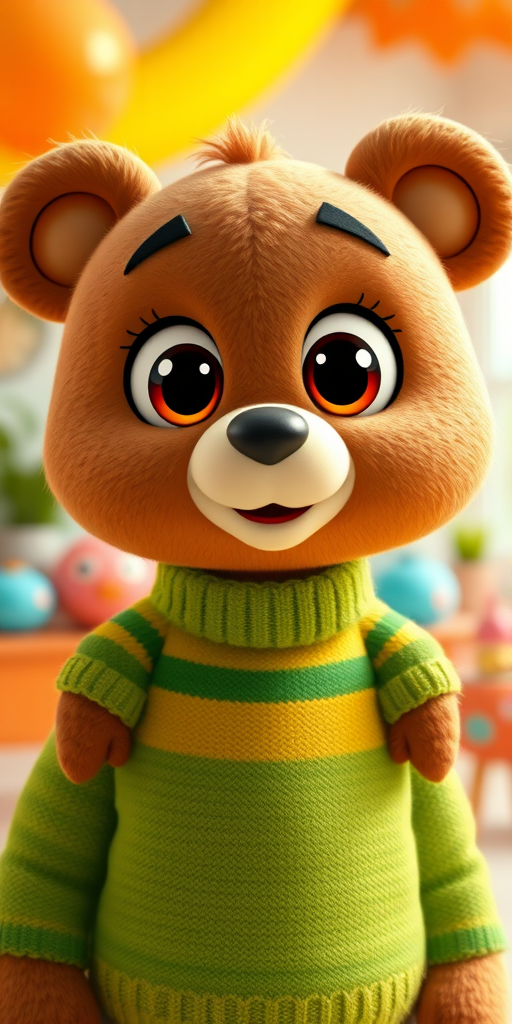 Create a vibrant and cute 3D cartoon bear character with big expressive eyes, wearing a green striped sweater, in a bright and colorful setting, shot with a Canon EOS R5, 50mm f/1.2 lens, 1/200s shutter speed, ISO 100, soft diffused lighting for enhanced detail and texture.