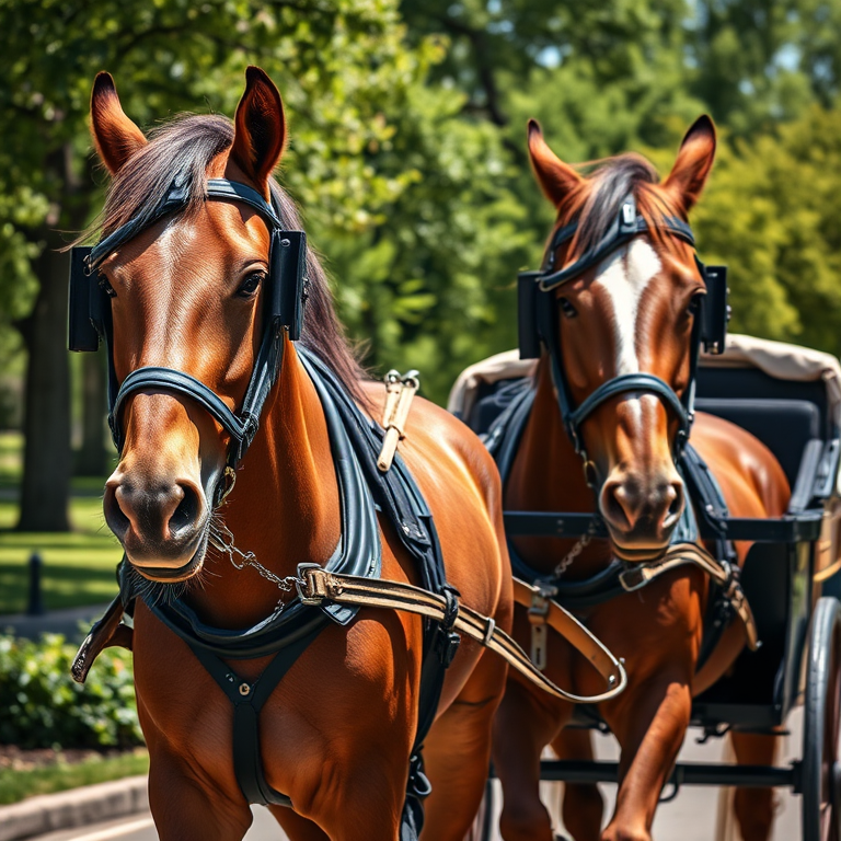 Create a high-resolution image of two draft horses pulling a carriage, focusing on their detailed features and harness, capturing the lush park background in bright daylight, using a DSLR camera at f/4, ISO 200, 1/200 sec, with a wide-angle lens.
