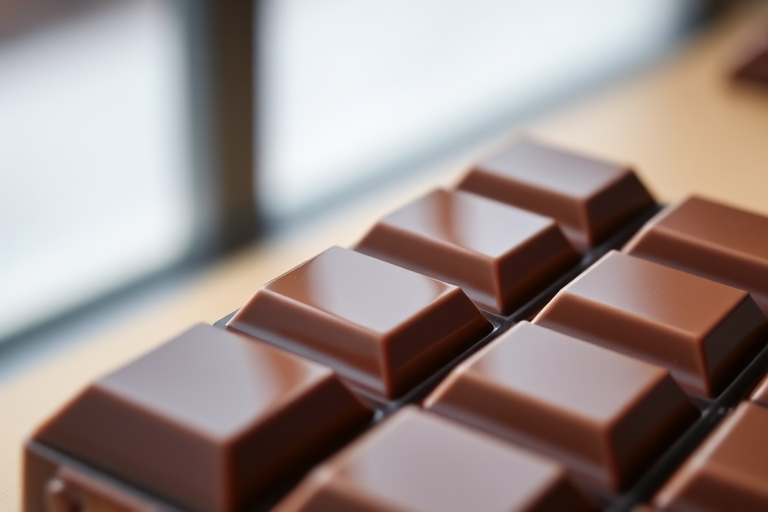 A high-resolution image of a chocolate bar with a glossy finish, shot at f/2.8 aperture, 50mm lens, ISO 100, soft natural lighting from a window, top-down view, macro photography style.
