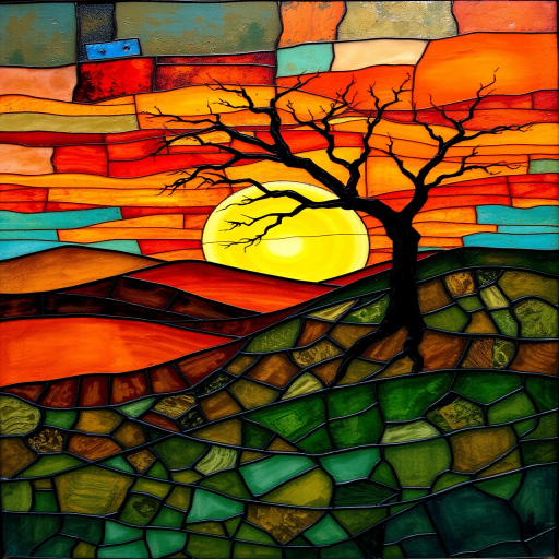 A vibrant abstract painting on Tiffany Glass, blending acrylic and alcohol ink techniques, captures a dramatic sunset over rolling hills. The artwork features a textured, rocky foreground in green and brown, layered abstract hills, and a striking sunset in rich oranges, yellows, and reds. A solitary black tree with intricate branches contrasts against the fiery sky, creating a dynamic and expressive portrayal of a breathtaking natural scene.