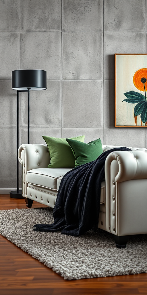 interior living room scene with a white chesterfield sofa draped with a dark patterned throw and green pillows, a tall black floor lamp beside it, textured concrete wall in the background, wooden floor with a plush rug, artistic painting on the wall, natural lighting, shot with a DSLR camera at f/2.8, ISO 100, 35mm lens, soft focus background