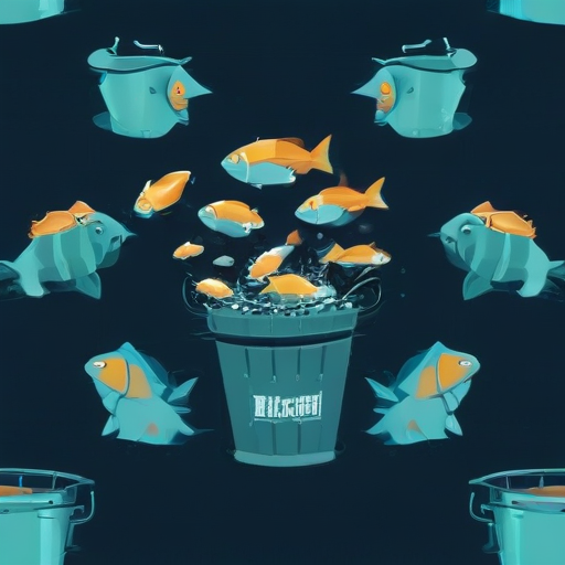 an abstract cartoonish logo depicting a bucket with multiple fish ...