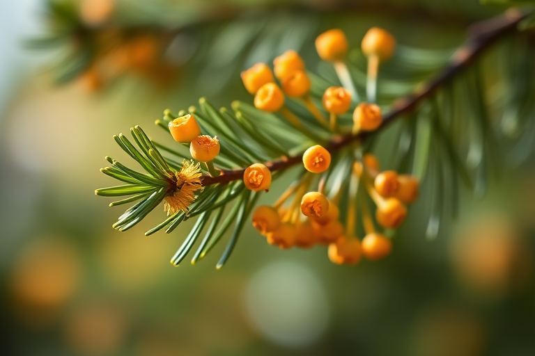 macro shot of a pine branch with small orange flowers, shallow depth of field, f/2.8 aperture, 50mm lens, ISO 100, natural light, soft bokeh background, focus on floral details, DSLR camera