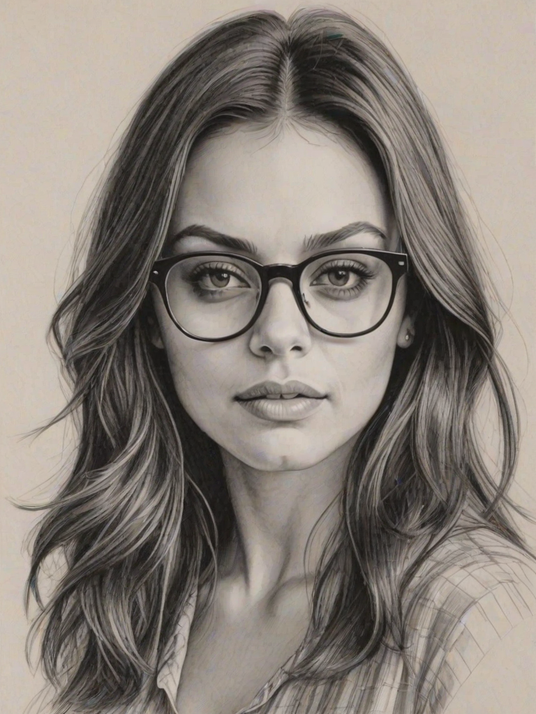 Enchanting Mila Kunis, pencil sketch, portrait of Ravishing woman 1974s in glasses, hair style beatnik, outline, clear lines, fine lines, 8k