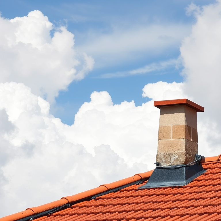 Capture a close-up shot of a chimney on a terracotta roof against a backdrop of dramatic white clouds, using a DSLR camera, 50mm lens, aperture f/4, ISO 100, shutter speed 1/200s, natural lighting for enhanced detail and clarity.