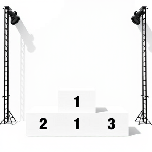 Create an image of a three-tier podium with the first place box higher than the second and third, using a clean vector style, shot in 50mm lens with f/1.8 aperture, bright daylight for lighting, and a slight overhead angle to emphasize the podium structure.