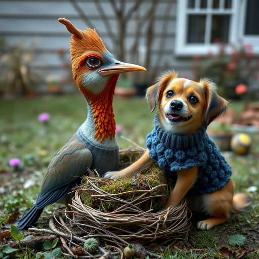 An image of a surreal, whimsical bird, a moss birds nest, sitting nearby is a dog, slightly smiling with a blueberry bobble stitch sweater, muted colors, natural textures, garden at back of house.