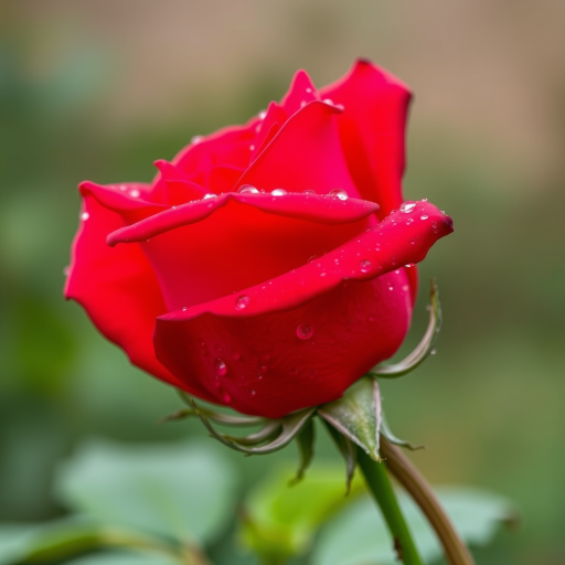 Create an image of a single rose with dew drops on its petals. The rose should be in full bloom and the background should be blurred with a hint of greenery. The rose should be captured from a side angle, showcasing its vibrant color and intricate petal structure.